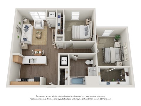 Floor plan for 2 beds, 1 bath, 915 sqft